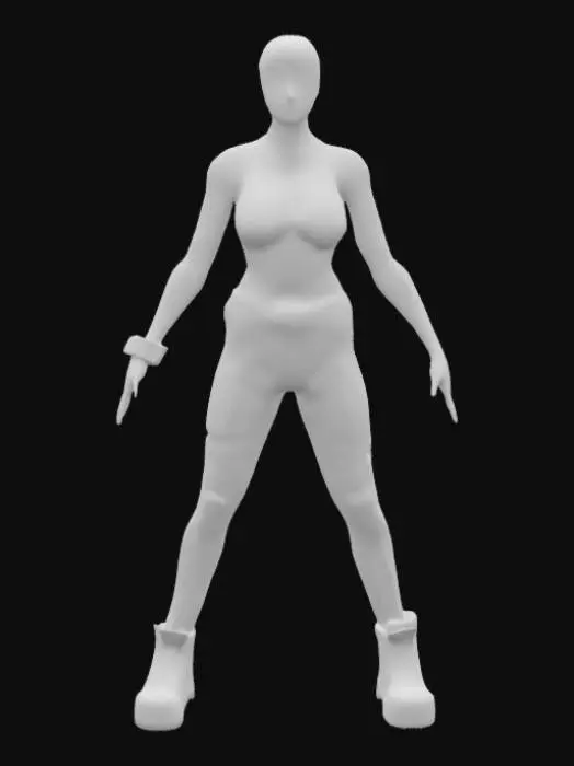 3D model for Symmetrical A-pose woman wearing ripped streetwear, short red buzz-cut, perfectly formed open hands, perfectly formed facial features with a realistic profile, high detailed realism, deep cleavage, symmetry, game ready A-pose optimised for rigging and animation