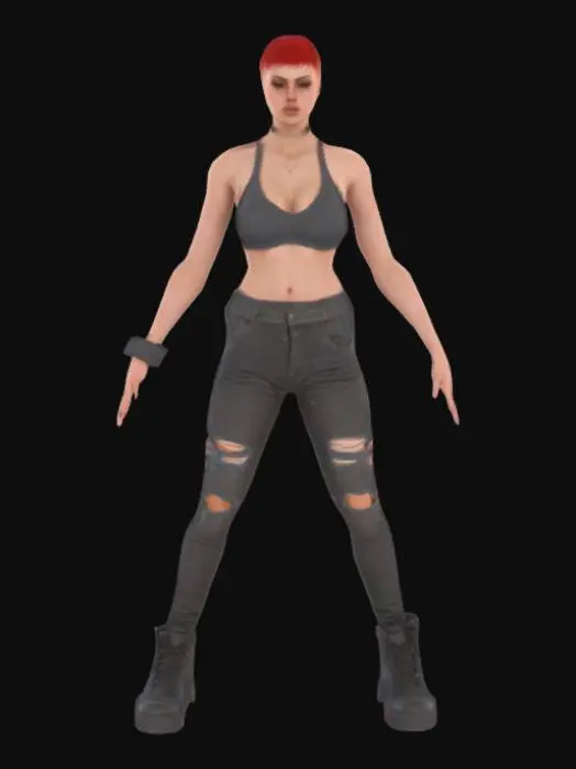 3D model for Symmetrical A-pose woman wearing ripped streetwear, short red buzz-cut, perfectly formed open hands, perfectly formed facial features with a realistic profile, high detailed realism, deep cleavage, symmetry, game ready A-pose optimised for rigging and animation