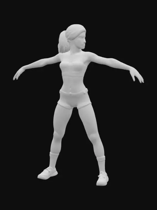 3D model for full length beautiful female, sleeveless open top, short skirt, cool street dancer, realistic detail with perfect human body shape, perfect fingers and detailed face with perfect profile, ultra short hair. Game ready t-Pose, hi-res PBR Textures, spread fingers