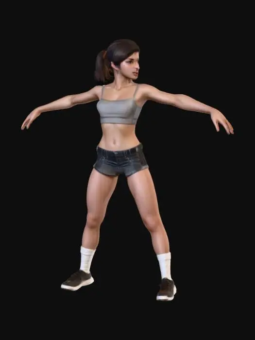 3D model for full length beautiful female, sleeveless open top, short skirt, cool street dancer, realistic detail with perfect human body shape, perfect fingers and detailed face with perfect profile, ultra short hair. Game ready t-Pose, hi-res PBR Textures, spread fingers