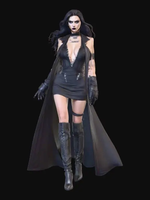 3D model for beautiful and deadly gothic female villain in a strong powerful pose.  Sultry, dangerous and to die for. sleeveless short dress, plunging neckline long high heel boots. #villain#