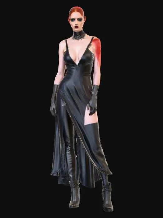 3D model for beautiful and deadly fat gothic redhead female villain in a strong powerful pose.  Sultry, dangerous and to die for. sleeveless dress, plunging neckline, high heel boots. #villain#