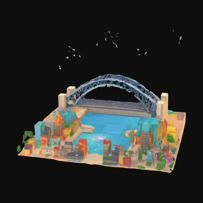 3D model for [Australia]. Sydney harbour bridge and a sky full of fireworks. Isometric scene. Colourful cartoon style, #AroundTheWorld#
