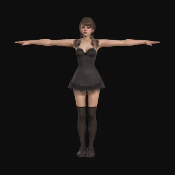 3D model for High detail realistic beautiful retro Victorian Lolita showgirl in a short sleeveless dress.  full length standing in a game ready T-pose. Hi resolution PBR textures. realistic anatomy and perfectly formed facial features. game ready T-pose optimised for animation and rigging