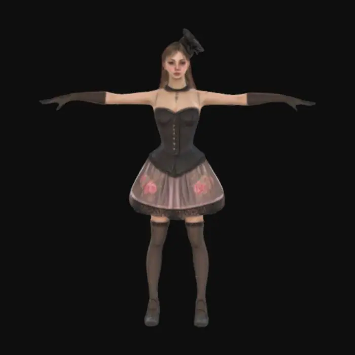 3D model for High detail realistic beautiful retro Victorian Lolita showgirl in a short sleeveless dress.  full length standing in a game ready T-pose. Hi resolution PBR textures. realistic anatomy and perfectly formed facial features. game ready T-pose optimised for animation and rigging