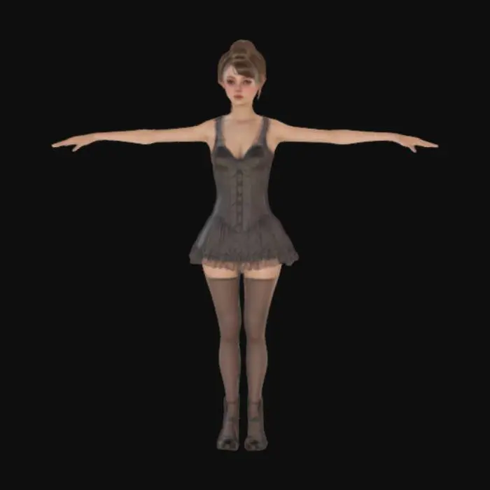 3D model for High detail realistic beautiful retro Victorian Lolita showgirl in a short sleeveless dress. hair in a bun. full length standing in a game ready T-pose. feet shoulder width apart. Hi resolution PBR textures. realistic anatomy and perfectly formed facial features. game ready T-pose optimised for animation and rigging