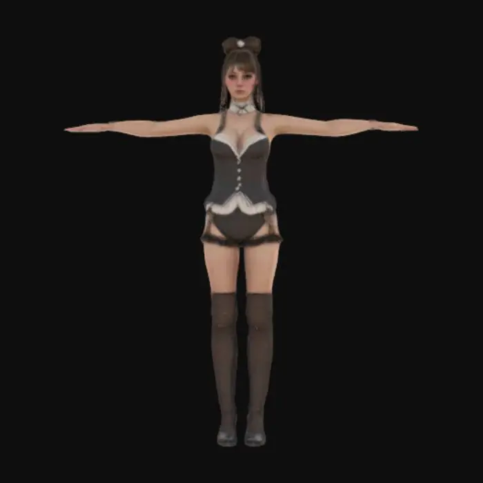 3D model for High detail realistic beautiful retro Victorian Lolita showgirl in a short sleeveless dress. hair in a bun. full length standing in a game ready T-pose. feet shoulder width apart. Hi resolution PBR textures. realistic anatomy and perfectly formed facial features. game ready T-pose optimised for animation and rigging