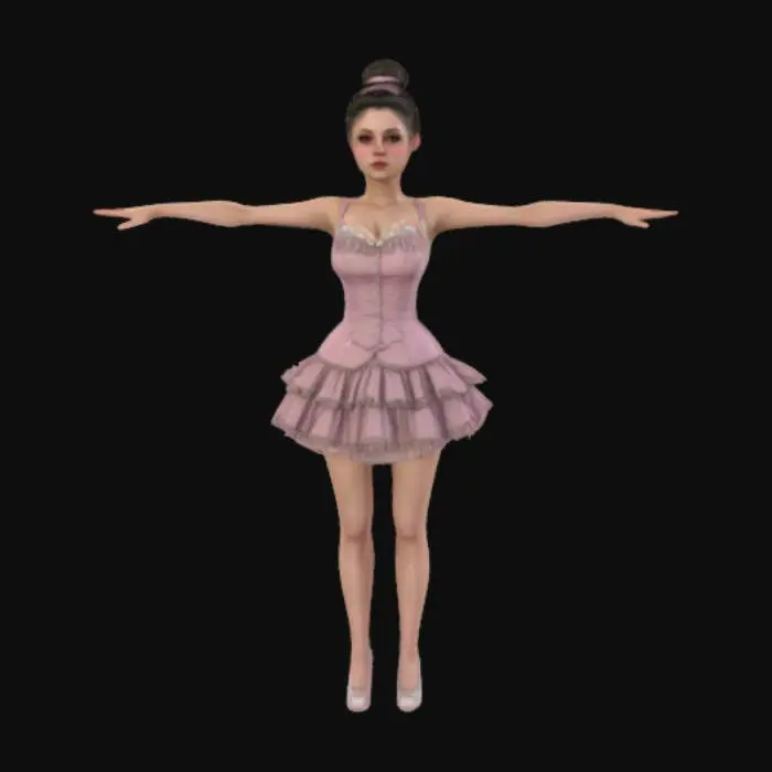 3D model for High detail realistic beautiful retro Victorian Lolita showgirl in a short sleeveless dress. hair in a bun. full length standing in a game ready T-pose. feet shoulder width apart. Hi resolution PBR textures. realistic anatomy and perfectly formed facial features. game ready T-pose optimised for animation and rigging