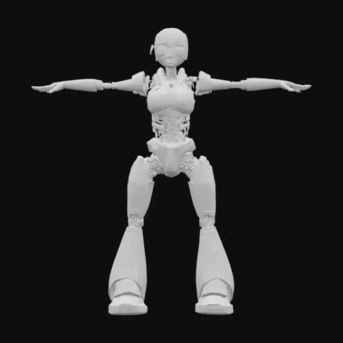 3D model for female robot, symmetrical T-Pose with straight legs and arms, rusty, perfect open hands, exposed circuitry