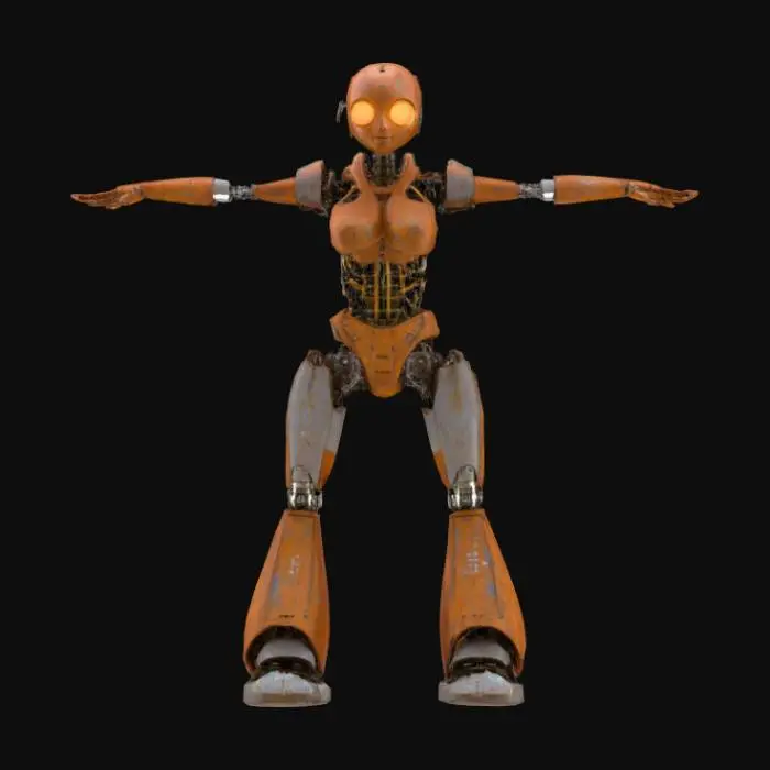 3D model for female robot, symmetrical T-Pose with straight legs and arms, rusty, perfect open hands, exposed circuitry