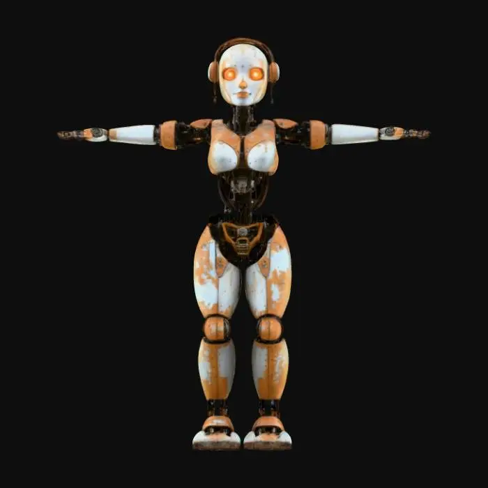 3D model for female robot, symmetrical T-Pose with straight legs and arms, rusty, perfect open hands, exposed circuitry