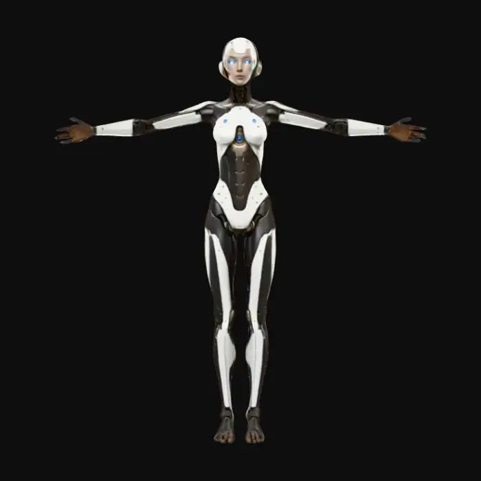 3D model for female robot,  Game Ready T-Pose, rusty, perfect open hands, exposed circuitry, beautiful face, High Detail, 4k textures