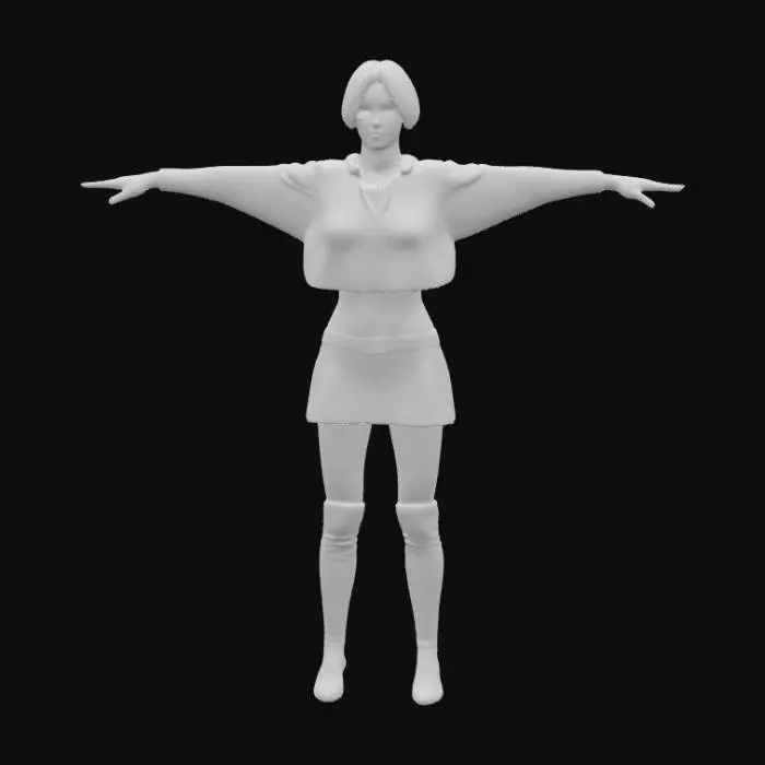 3D model for A hyper-realistic female character stands in a symmetrical T-pose, with open arms and perfectly spread fingers. Her face features a realistic profile with intricate detailing and she has ultra-short hair. She is clad in a loose, sleeveless baggy crop top, a short skirt, and sleek over-knee boots. The character exhibits smooth, lifelike skin and finely textured clothing and boot materials, implying a highly detailed physical surface and tactile quality across her form.