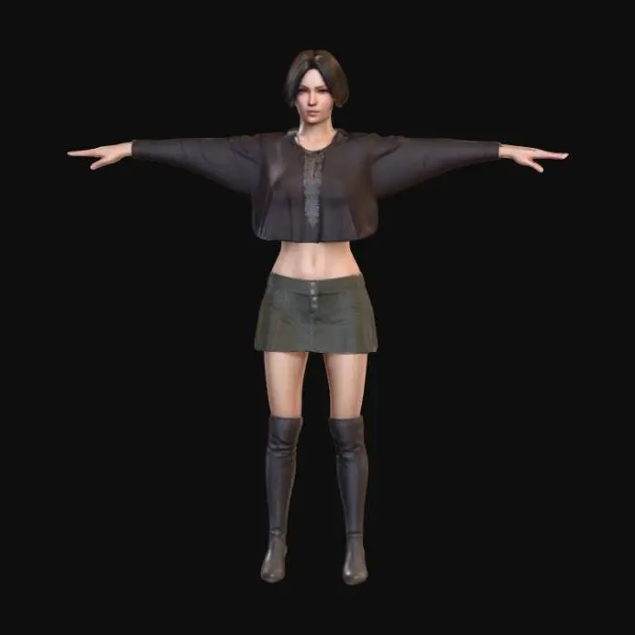 3D model for A hyper-realistic female character stands in a symmetrical T-pose, with open arms and perfectly spread fingers. Her face features a realistic profile with intricate detailing and she has ultra-short hair. She is clad in a loose, sleeveless baggy crop top, a short skirt, and sleek over-knee boots. The character exhibits smooth, lifelike skin and finely textured clothing and boot materials, implying a highly detailed physical surface and tactile quality across her form.