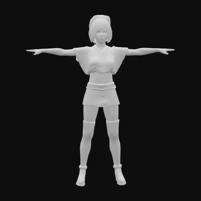 3D model for A hyper-realistic female character stands in a symmetrical T-pose, with open arms and perfectly spread fingers. Her face features a realistic profile with intricate detailing and she has ultra-short hair. She is clad in a loose, sleeveless baggy crop top, a short skirt, and sleek over-knee boots. The character exhibits smooth, lifelike skin and finely textured clothing and boot materials, implying a highly detailed physical surface and tactile quality across her form.