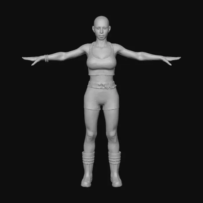 3D model for Prompt
full length beautiful ultra realistic bald female cyberpunk, game ready symmetrical T-Pose, sleeveless loose baggy crop top, cleavage, short skirt, boots, realistic perfect hands with spread fingers and perfectly detailed face with realistic profile, ultra short hair. Game ready t-Pose, hi-res PBR Textures, spread fingers, open arms, ripped clothes, T-Pose, single tail, well formed hands
