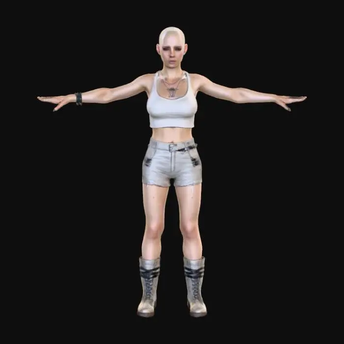 3D model for Prompt
full length beautiful ultra realistic bald female cyberpunk, game ready symmetrical T-Pose, sleeveless loose baggy crop top, cleavage, short skirt, boots, realistic perfect hands with spread fingers and perfectly detailed face with realistic profile, ultra short hair. Game ready t-Pose, hi-res PBR Textures, spread fingers, open arms, ripped clothes, T-Pose, single tail, well formed hands