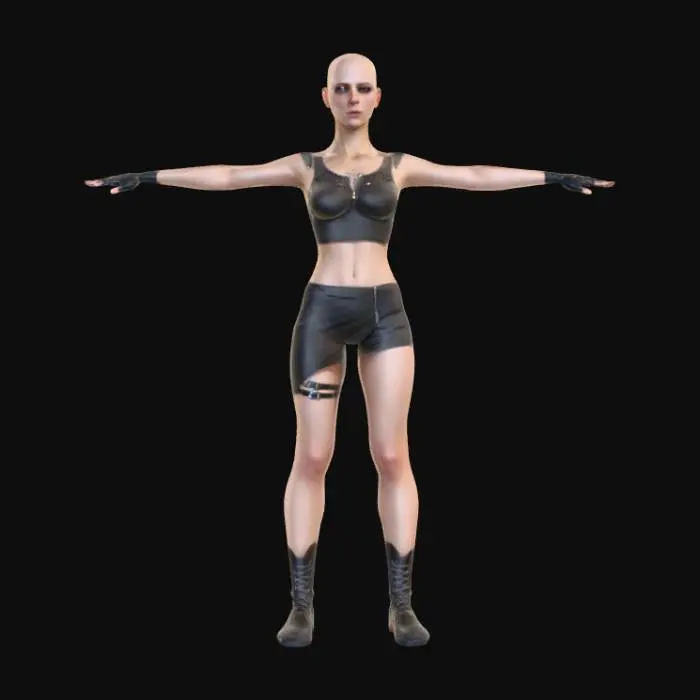 3D model for Prompt
full length beautiful ultra realistic bald female cyberpunk, game ready symmetrical T-Pose, sleeveless loose baggy crop top, cleavage, short skirt, boots, realistic perfect hands with spread fingers and perfectly detailed face with realistic profile, ultra short hair. Game ready t-Pose, hi-res PBR Textures, spread fingers, open arms, ripped clothes, T-Pose, single tail, well formed hands