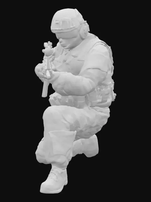 3D model for Modern US Army ranger aiming on kneeling position. He has a M4 weapon. He wear helmet without night vision.