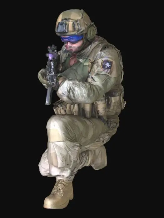 3D model for Modern US Army ranger aiming on kneeling position. He has a M4 weapon. He wear helmet without night vision.