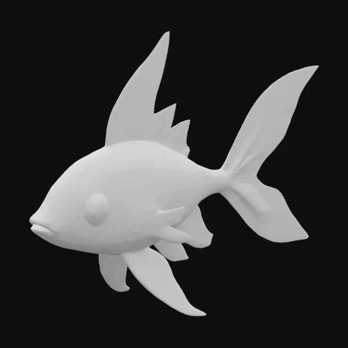 3D model for Celestial Fin A small, darting fish colored in deep purples with jagged fins resembling amethyst points. Shimmers subtly with a magical glow. Quick and elegant in appearance.
