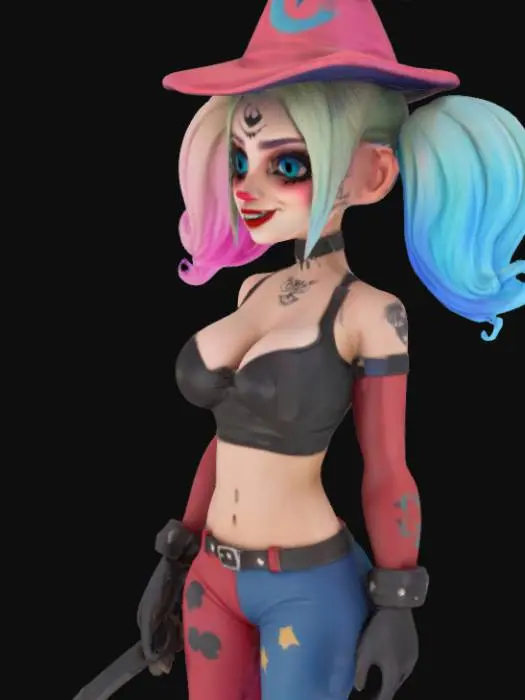 3D model for Harley Quinn with ombre blue hair in pigtails and a crowbar in hand with a witch hat on top of hair and a tattoo of a crescent moon on her forehead