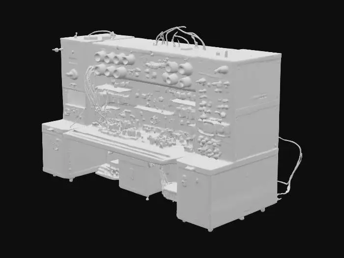 3D model for A large-scale analog computer inspired by ENIAC and other pre-transistor era machines. The model should feature a wall of interconnected vacuum tubes, rotary switches, patch cables, and blinking indicator lights. Include bulky metal cabinets, exposed wiring, and mechanical components like punched card readers and oscilloscopes. The design should reflect a 1940s–1950s industrial aesthetic with matte gray and beige tones, riveted panels, and vintage dials. Add subtle wear and tear for realism, such as faded labels and slight rusting on metal edges.
