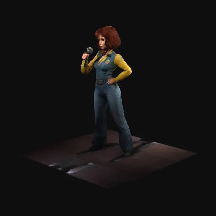 3D model for April O neil,  tough but pretty face, holding Microphone in her hand, extremely detailed, high resolution texture, epic proud stance