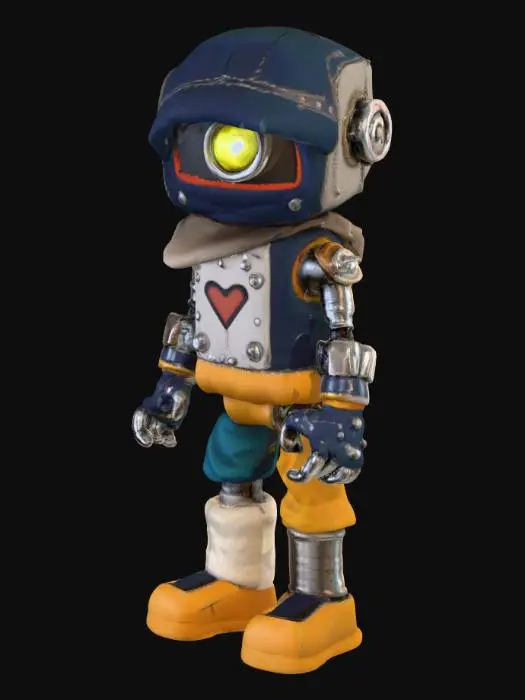 3D model for A stylized 3D toy robot luchador named Patchito, designed as a patchwork underdog fighter. The head is oversized and dome-shaped with stitched seams, one button eye and one glowing LED eye, plus a crooked stitched smile. A torn fabric flap reveals a metal plate. The torso is a soft block with uneven patchwork textures, rivets, safety pins, and an embroidered cracked heart emblem. Left arm is plush with stuffing exposed, right arm is mechanical with duct tape and zip ties. One hand is a mitten, the other a claw. Left leg is quilted fabric, right leg is a metal pipe wrapped in a sock. Feet are mismatched: one scuffed boot, one bandaged bare foot. No cape. Use only 4 main colors: muted blue, bright orange, gray steel, and soft cream. Worn toy aesthetic, low-poly, toyetic proportions, charming