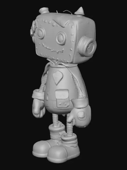 3D model for “A stylized 3D toy character named Patchito the Patchwork Bot, based on the concept sheet. Slightly oversized head with stitched seams, button eye + glowing LED eye, crooked stitched smile, torn fabric flap revealing metal plate. Patchwork torso with denim, corduroy, faux leather, rivets, pins, and embroidered cracked heart. Left plush arm with stuffing poking out, right mechanical arm with duct tape and zip ties. One mitten hand, one claw. Left quilted leg, right pipe leg wrapped in a sock. Left boot, right bandaged bare foot. Small patchwork cape with pouch. Muted primaries + pastel accents, worn toy vibe.”