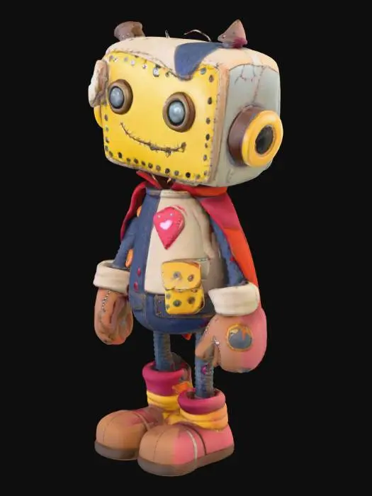 3D model for “A stylized 3D toy character named Patchito the Patchwork Bot, based on the concept sheet. Slightly oversized head with stitched seams, button eye + glowing LED eye, crooked stitched smile, torn fabric flap revealing metal plate. Patchwork torso with denim, corduroy, faux leather, rivets, pins, and embroidered cracked heart. Left plush arm with stuffing poking out, right mechanical arm with duct tape and zip ties. One mitten hand, one claw. Left quilted leg, right pipe leg wrapped in a sock. Left boot, right bandaged bare foot. Small patchwork cape with pouch. Muted primaries + pastel accents, worn toy vibe.”