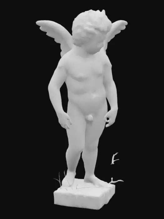 3D model for "A broken Cupid statue in ancient Greek marble style, cracked and weathered. Sad or angry facial expression. One wing completely broken and hanging. Body and wings chipped and damaged. Modern graffiti covers parts: 'LOVE IS DEAD', inverted crosses, anarchist symbols, sad faces. Marble stained with dirt, mold, and rusty marks around wing attachments. Broken bow loosely held or lying shattered at the feet. Scene set in a dark, foggy, abandoned park or crypt at night. Cold moonlight from above. Background deep in shadow. Gothic, mysterious atmosphere. Dry vines crawling up the legs. Black tears streaming from the eyes. Full body, highly detailed, cinematic lighting."

