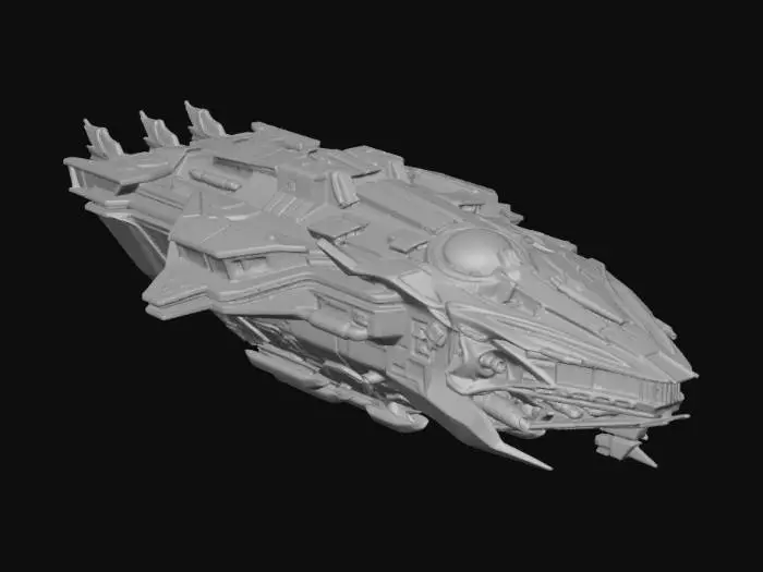 3D model for a large spaceship that doesn't look like it should fly but still does. it's monstrous assault on the senses and, as the famous quote says: "hangs in the air exactly the way bricks don't". It should look like it has a sinister purpose, but known only to the crew of the ship.