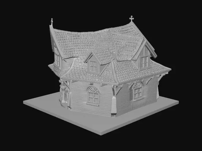 3D model for Table top gaming piece, realistic style, gothic architecture, aged but not damaged. A cleric's enclave for meditation and protection. Should have gated doors and large upper story windows. Peaked roof from wooden shingles with timber framed supports. Stone construction with large slabs at the bottom and working to smaller at the top. Design for 3d printing, avoid unsupported overhangs, flat base, square footprint.
