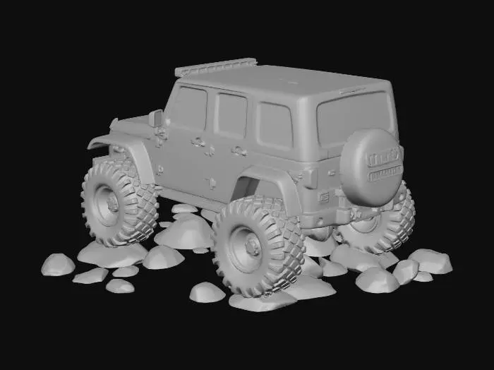 3D model for a cartoon style jeep wrangler crawling up a pile of boulders. A off-road rigged rock crawler with a hard top, heavy duty bumpers, light bar, winch, and super chunky oversized tires. Meant to be 3d printed so overhangs should be minimized as well as floating regions.