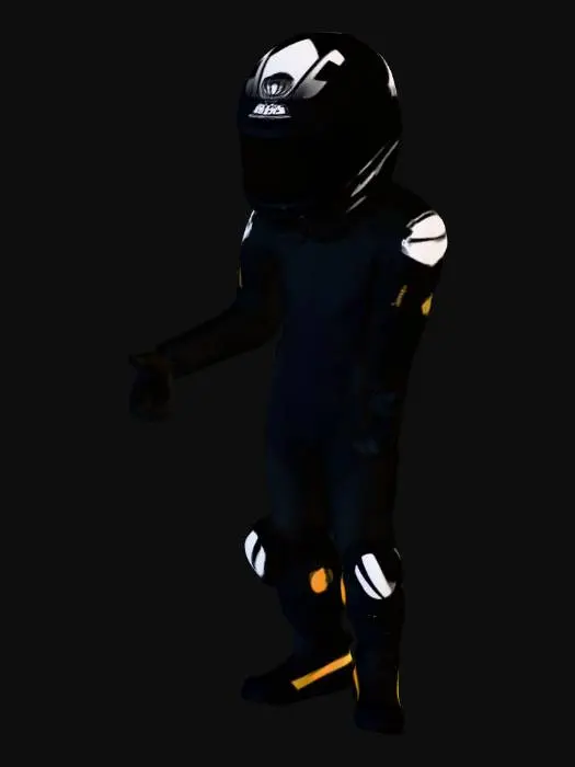 3D model for A fully geared motorcycle racer with  full racing leathers, boots, and gloves. He should be wearing a full face racing helmet.