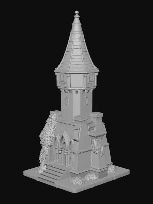 3D model for a table top gaming piece that looks like a realistic gothic castle tower with a tall spire and conical roof. There should be signs of age like chipped stone and vines and ivy growing on the walls, but no structural damage. This should be optimized for 3d printing with minimal overhangs and "raft" of flat ground. The surrounding ground should have a stone path leading to the front gated entry door.