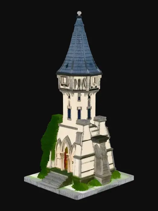 3D model for a table top gaming piece that looks like a realistic gothic castle tower with a tall spire and conical roof. There should be signs of age like chipped stone and vines and ivy growing on the walls, but no structural damage. This should be optimized for 3d printing with minimal overhangs and "raft" of flat ground. The surrounding ground should have a stone path leading to the front gated entry door.