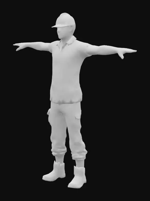 3D model for “Full-body T-pose of a stylized india warehouse trainee character with safety vest and yellow helmet, anatomically correct proportions, centered in frame.  builds with visible joints (knees, elbows), open hands, and separated fingers/toes for rigging. Neutral gray background, evenly lit. skin tone with textured hair close to scalp.  4K digital painting style, game-ready topology, no blur or deformation.

