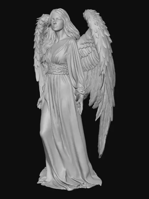 3D model for Eine anmutige weibliche Engelsskulptur mit ausgebreiteten, federweißen Flügeln und fließendem, langem blondem Haar. Sie trägt ein langes, cremeweißes Gewand mit zarten floralen Prägungen und hält einen leuchtenden, goldenen Heiligenschein in ihren offenen Händen. Das Licht der Flügel und des Heiligenscheins wirft weiche Schatten, die die sanften Falten des Stoffes und die feinen Details betonen, alles vor einem neutralen, hellgrauen Hintergrund.