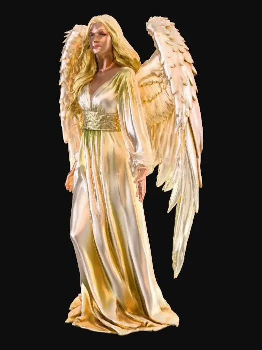 3D model for Eine anmutige weibliche Engelsskulptur mit ausgebreiteten, federweißen Flügeln und fließendem, langem blondem Haar. Sie trägt ein langes, cremeweißes Gewand mit zarten floralen Prägungen und hält einen leuchtenden, goldenen Heiligenschein in ihren offenen Händen. Das Licht der Flügel und des Heiligenscheins wirft weiche Schatten, die die sanften Falten des Stoffes und die feinen Details betonen, alles vor einem neutralen, hellgrauen Hintergrund.