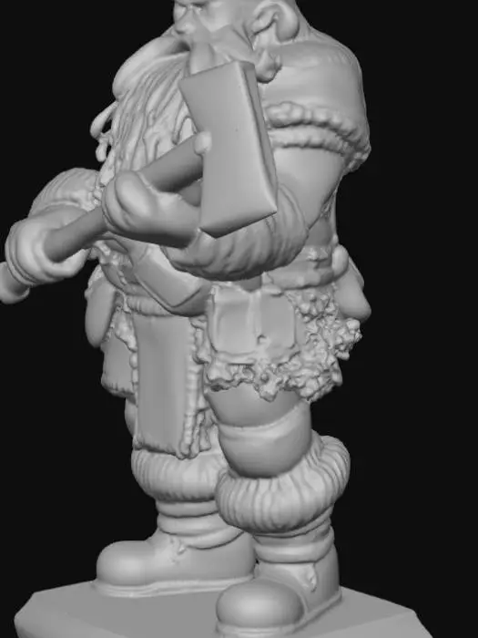 3D model for figurine sur socle, un nain costaud, barbe dense, cheveux longs attachés, hache à deux mains.