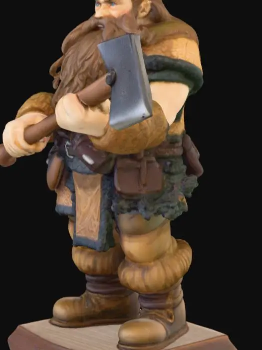 3D model for figurine sur socle, un nain costaud, barbe dense, cheveux longs attachés, hache à deux mains.