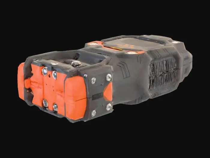 3D model for Міцний ручний детектор радіації у стилі хай-тек, виготовлений з темно-сірого композитного сплаву з помаранчевими акцентами. Його корпус має кутасту, агресивну форму з видимими гвинтами та вентиляційними решітками. Центральна частина приладу включає захищене скло, під яким видно складну мікросхему та світлодіодні смужки, що світяться жовтим кольором. Поверхня має злегка шорстку, стійку до подряпин текстуру, що підкреслює його промисловий і функціональний дизайн.