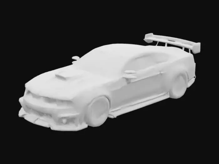 3D model for A photograph of a heavily modified Shelby Mustang parked on a rain-slicked city street at dusk, radiating an aura of raw power and aggressive speed. The car boasts a striking black and crimson paint job accented by pulsing neon underglow and a substantial rear wing, paired with a carbon fiber hood, wide fenders, and Lamborghini-inspired scissor doors. A steel mesh guard protects the imposing armored grille, which houses piercing LED headlights, while racing decals emblazon the carbon fiber side skirts above massive performance tires gripping the wet asphalt, accompanied by visible rear boosters. Soft streetlights cast long reflections on the pavement and surrounding buildings, creating a cinematic and moody atmosphere.