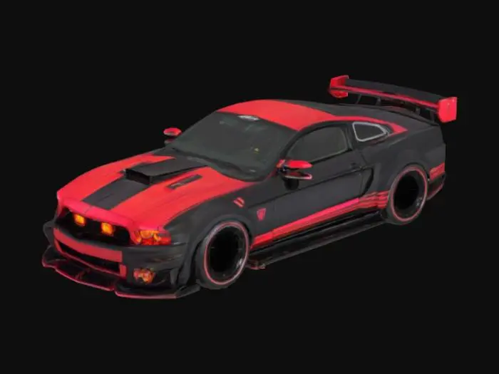 3D model for A photograph of a heavily modified Shelby Mustang parked on a rain-slicked city street at dusk, radiating an aura of raw power and aggressive speed. The car boasts a striking black and crimson paint job accented by pulsing neon underglow and a substantial rear wing, paired with a carbon fiber hood, wide fenders, and Lamborghini-inspired scissor doors. A steel mesh guard protects the imposing armored grille, which houses piercing LED headlights, while racing decals emblazon the carbon fiber side skirts above massive performance tires gripping the wet asphalt, accompanied by visible rear boosters. Soft streetlights cast long reflections on the pavement and surrounding buildings, creating a cinematic and moody atmosphere.