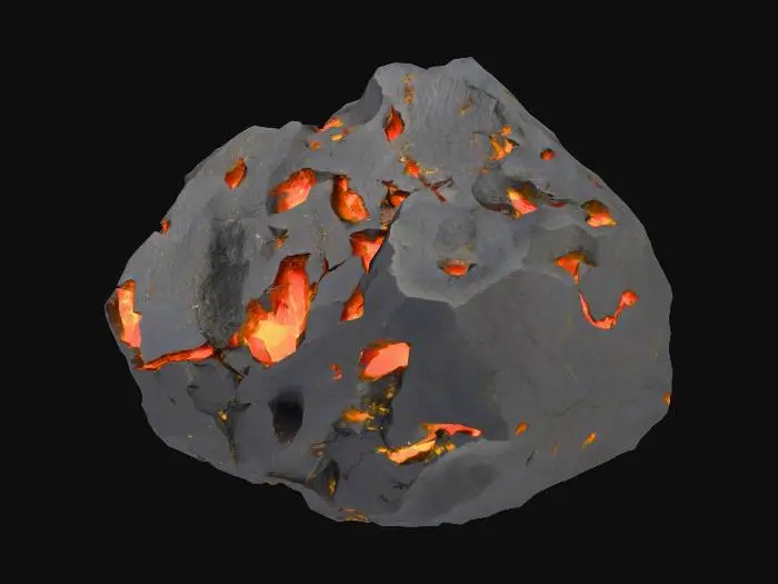 3D model for An irregular, rough node of ore, appearing as a dark, coarse rock formation. Its dominant color is a deep, sooty charcoal grey or black, with several prominent, intensely glowing patches of fiery orange and bright yellow embedded within its structure. These luminous sections give the impression of molten or superheated gold. The texture of the rock is rugged and uneven, feeling abrasive and potentially warm from the glowing inclusions. Its shape is lumpy and dense, characteristic of a raw, unyielding mineral deposit.