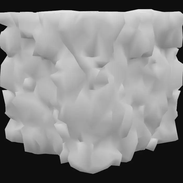 3D model for A tileable 1x1 section of a cave wall, crafted from natural, unhewn stone. Its surface is rugged and irregular, displaying a rough, jagged texture with sharp protrusions and deep crevices. The dominant color is a brownish rock, varying from earthy mid-browns to darker, almost reddish-brown hues, with hints of mineral veins. This unyielding material feels coarse and abrasive to the touch, and its imperfect edges are designed to seamlessly connect with other tiles for expansive cave structures.