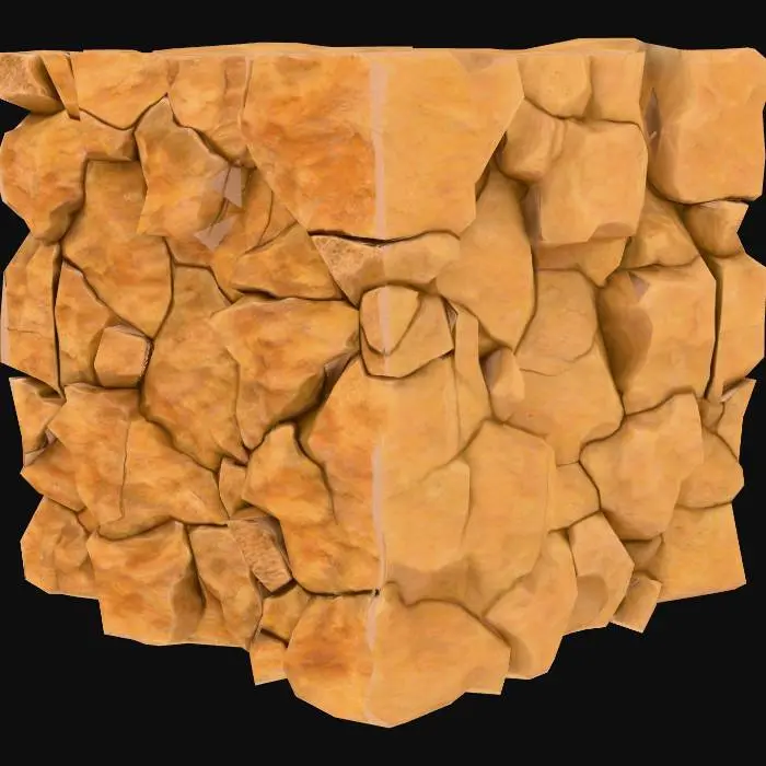 3D model for A tileable 1x1 section of a cave wall, crafted from natural, unhewn stone. Its surface is rugged and irregular, displaying a rough, jagged texture with sharp protrusions and deep crevices. The dominant color is a brownish rock, varying from earthy mid-browns to darker, almost reddish-brown hues, with hints of mineral veins. This unyielding material feels coarse and abrasive to the touch, and its imperfect edges are designed to seamlessly connect with other tiles for expansive cave structures.