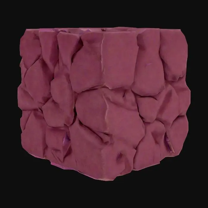3D model for A tileable 1x1 cube of natural rock, exhibiting a distinctive reddish-purple hue that ranges from deep plum and maroon to brighter, almost fuchsia tones, with subtle darker veins. Its surface is rugged and irregular, characterized by a rough, craggy texture with sharp edges and varied mineral formations. This unyielding material feels coarse and abrasive to the touch. The cube's form is dense and solid, with edges designed to seamlessly interlock, creating an unbroken, substantial stony landscape.